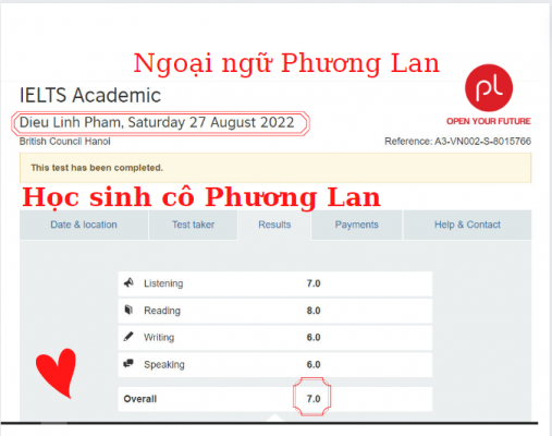 Học sinh đạt IELTS 7.0 tại Ngoại ngữ Phương Lan