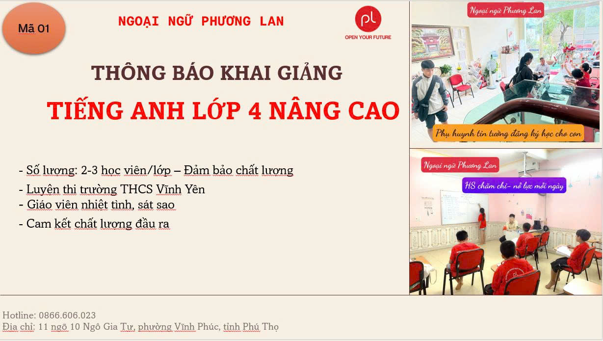 Trung tâm tiếng Anh Vĩnh Yên: Tuyển sinh học viên tiếng Anh lớp 4 nâng cao