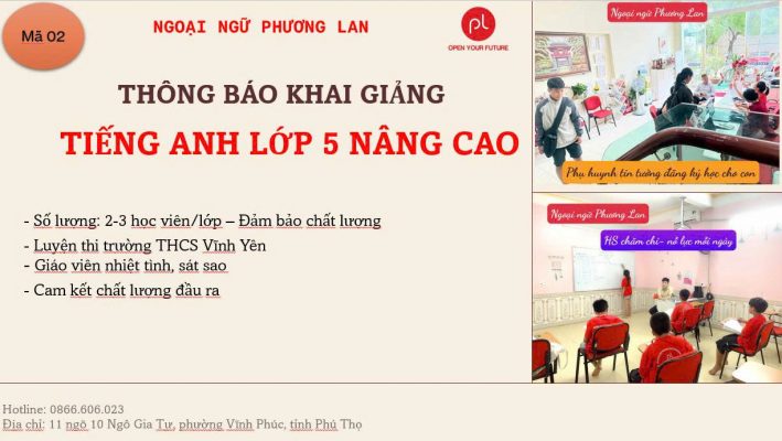 Trung tâm tiếng Anh Vĩnh Yên: Tuyển sinh học viên tiếng Anh nâng cao lớp 5